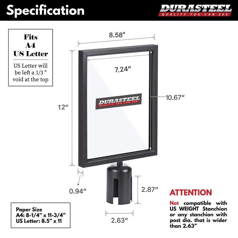 DuraSteel Stanchion Sign Holder - Portrait Display for 8.5" x 11" Paper Size - Double Sided Sign Frame with Plexiglass Cover - NOT Fit with US Weigh Sentry Stanchion - Crowd Control & Queue Barrier - Image 4
